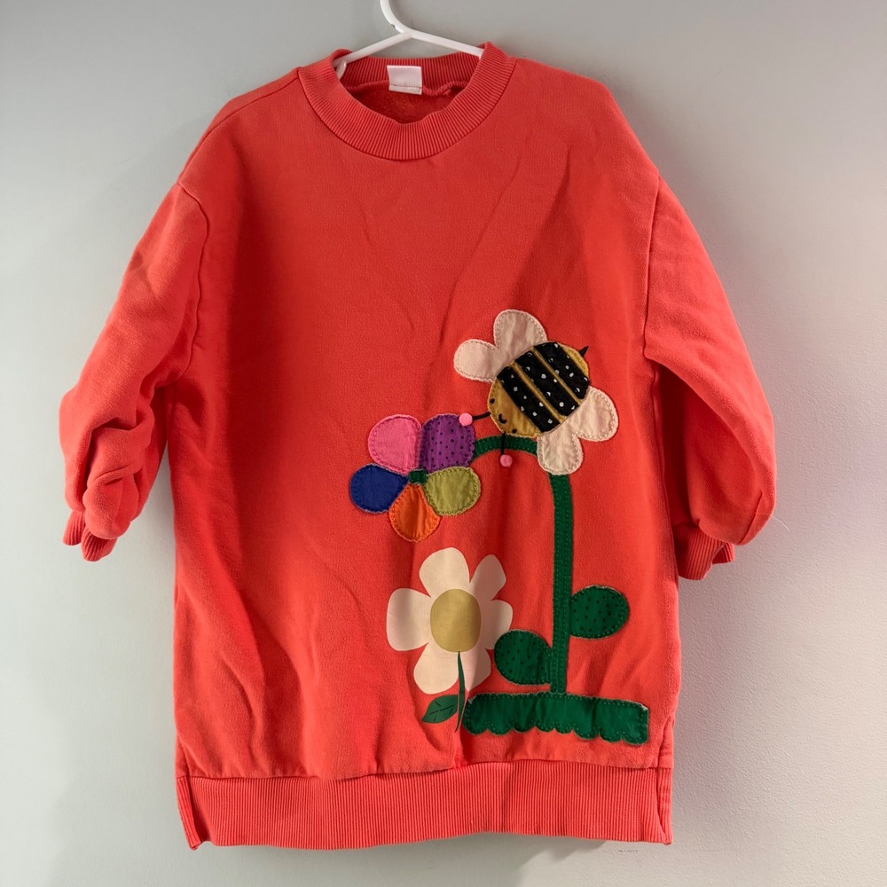 Next Short Sleeve Sweatshirt Dress Girls 4-5Y Coral Pink Bee Flower Applique